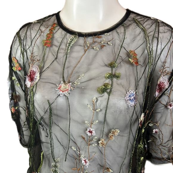 Black Sheer Flower Embroidery Blouse Top Penelope Project / Medium * - Picture 2 of 4